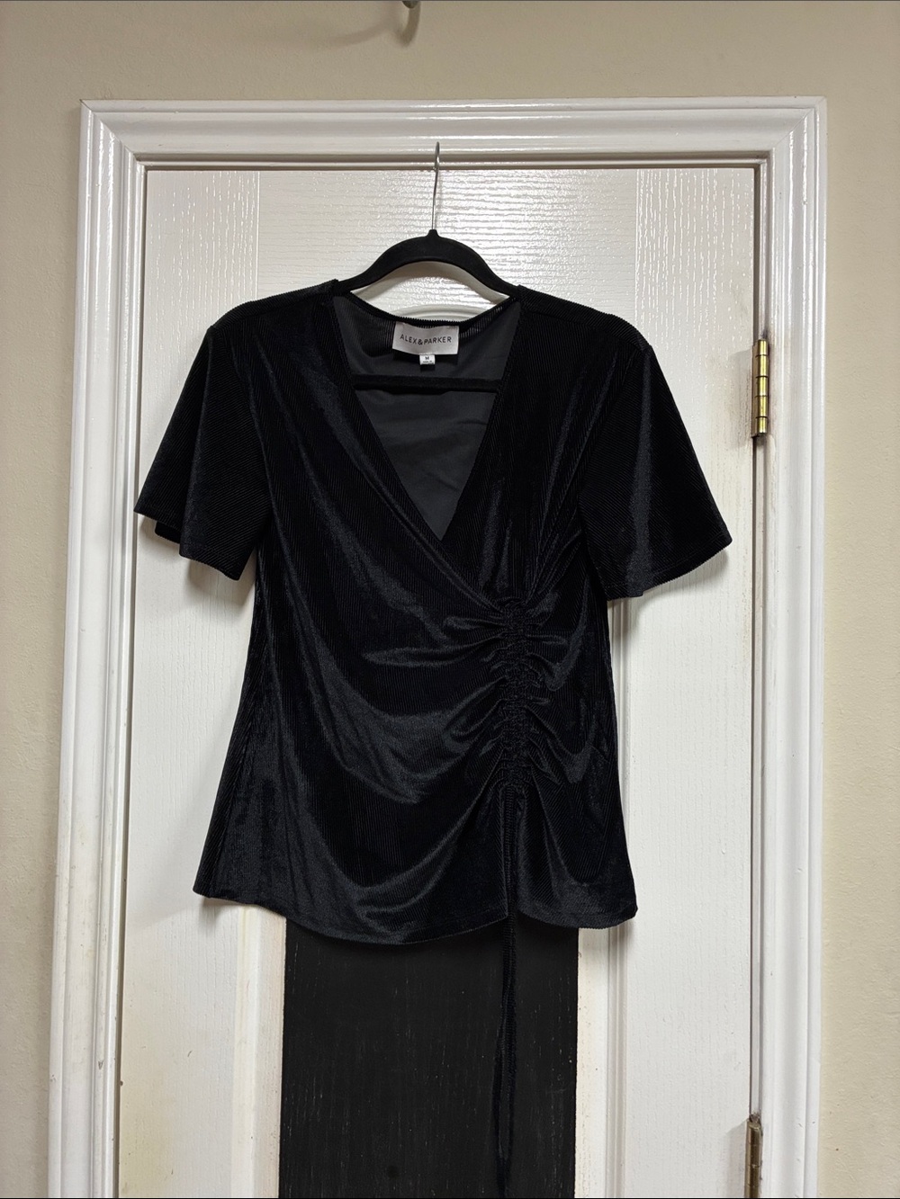 Alex & Parker Black Velvet Ruched V-Neck Blouse